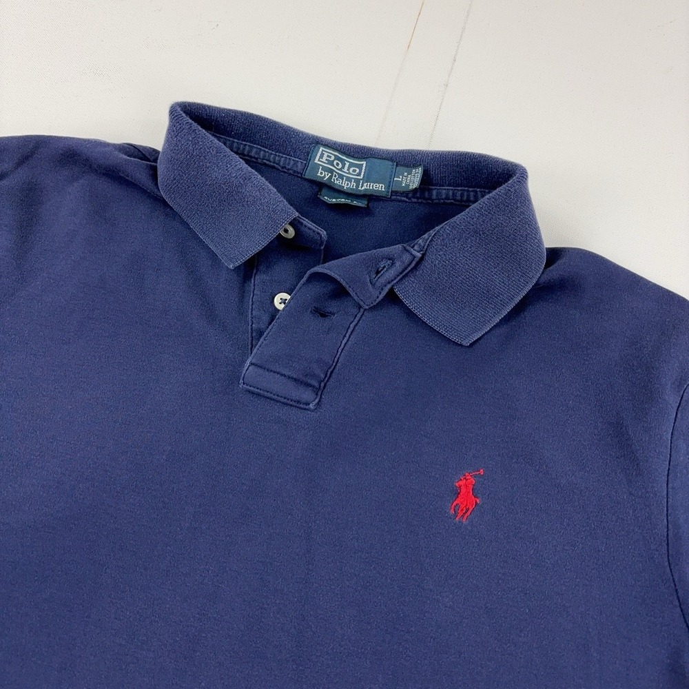 Vintage Ralph Lauren Polo Shirt Mens L Blue Cotton Knit Short Sleeve Red Pony